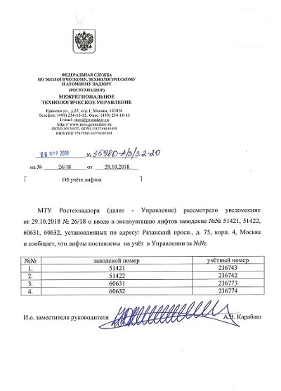 Письмо Ростехнадзора о постановке лифта на учет